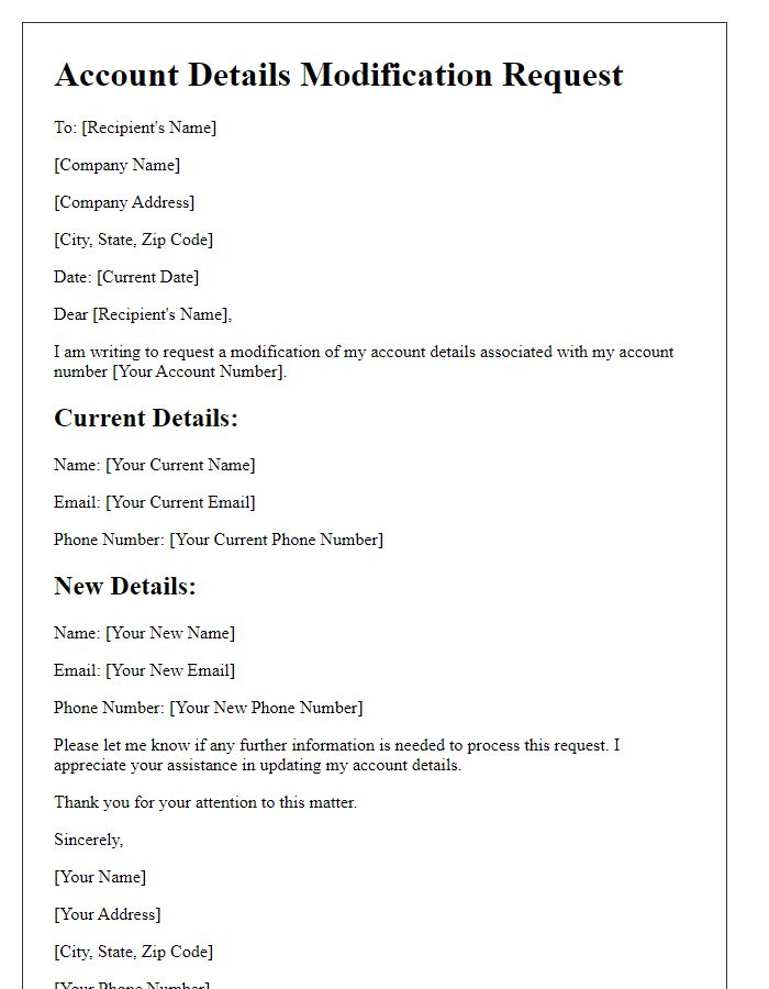 Letter template of account details modification