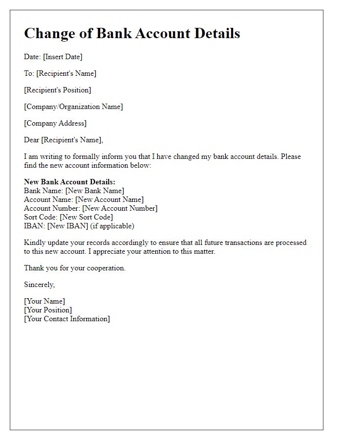 Letter template of change of bank account details