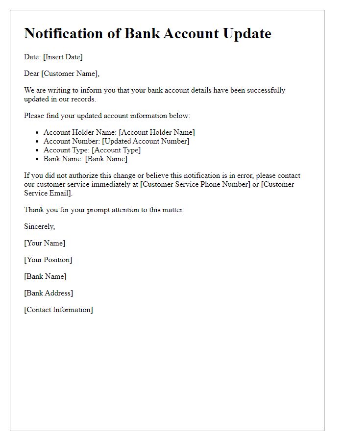 Letter template of notification for bank account update