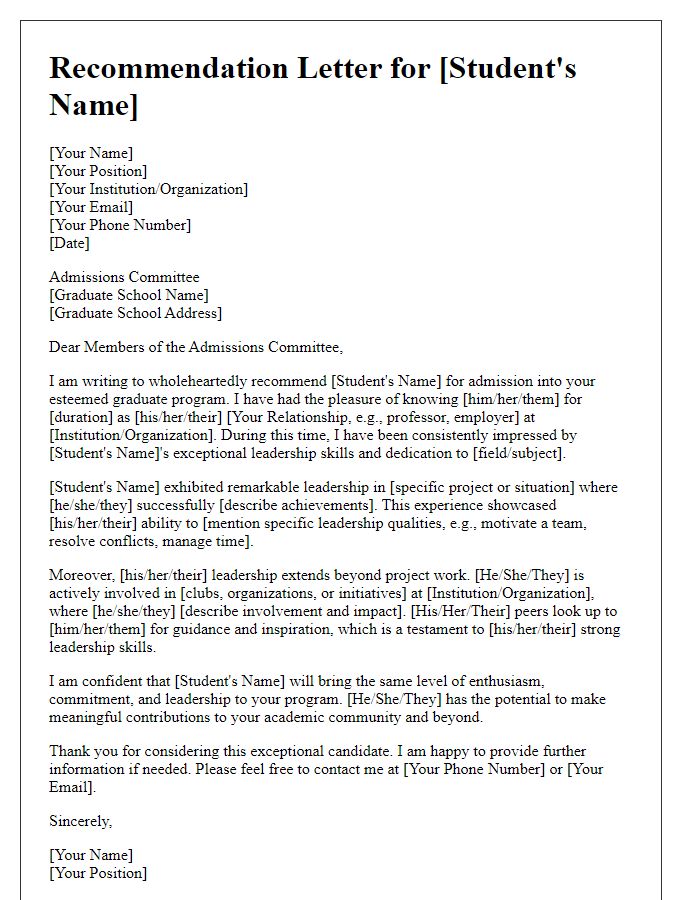 Letter template of graduate school recommendation highlighting leadership skills