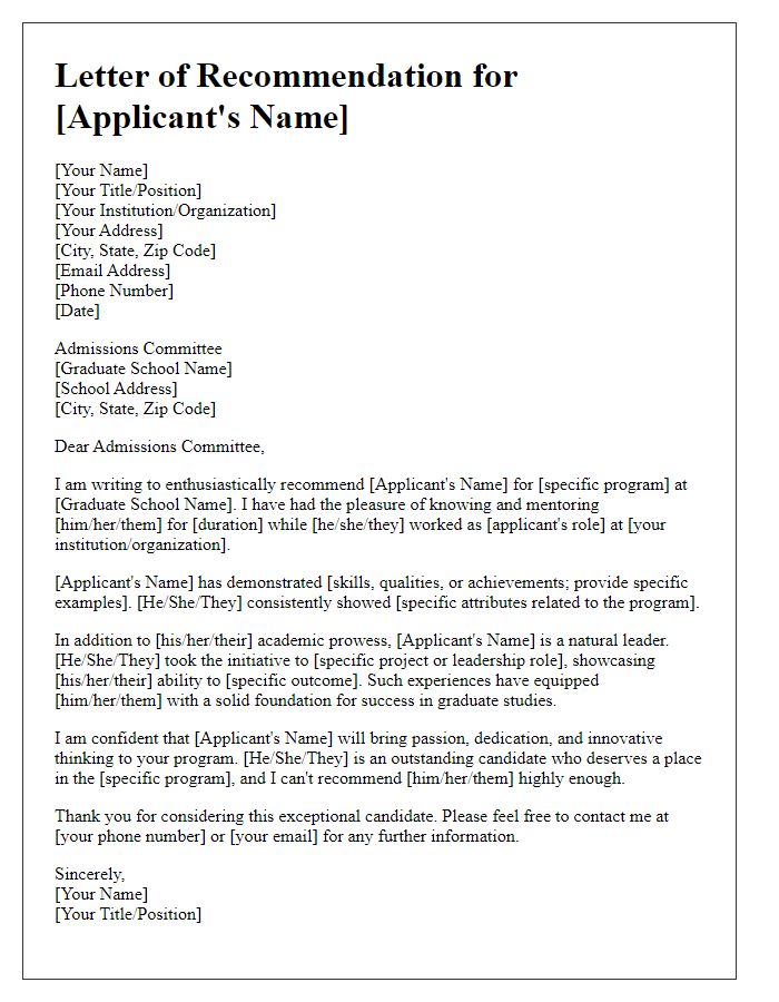 Letter template of graduate school recommendation for professional programs