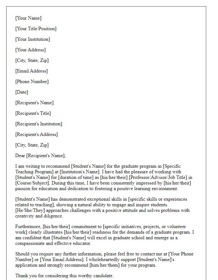 Letter template of graduate school recommendation for teaching programs