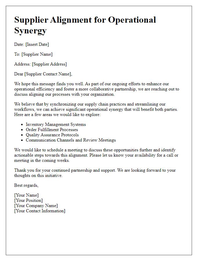 Letter template of supplier alignment for operational synergy