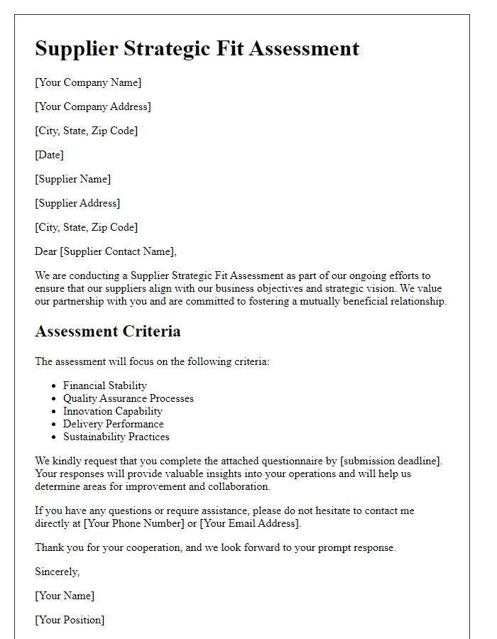 Letter template of supplier strategic fit assessment