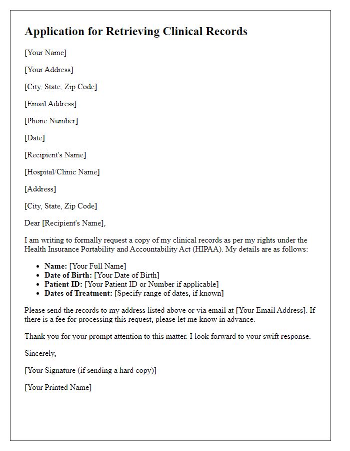 Letter template of application for retrieving clinical records