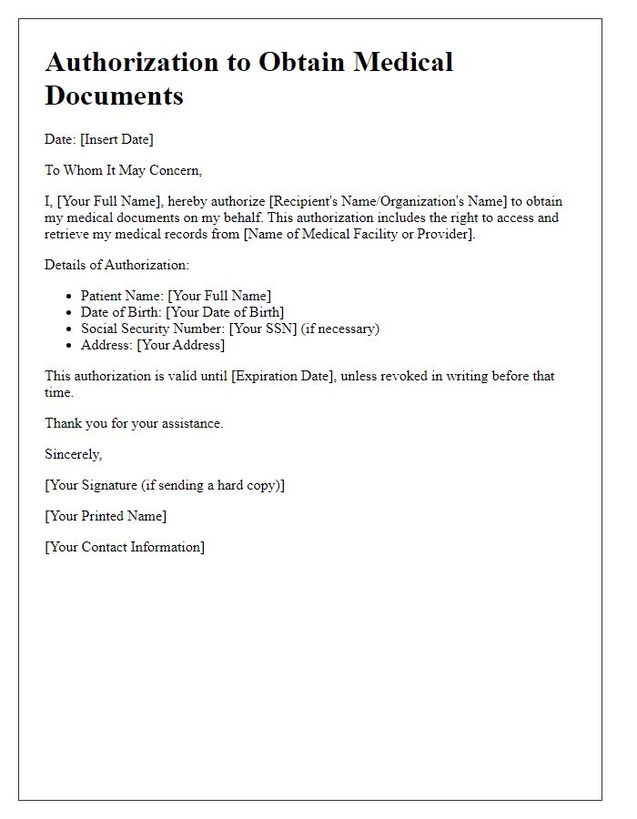 Letter template of authorization to obtain medical documents