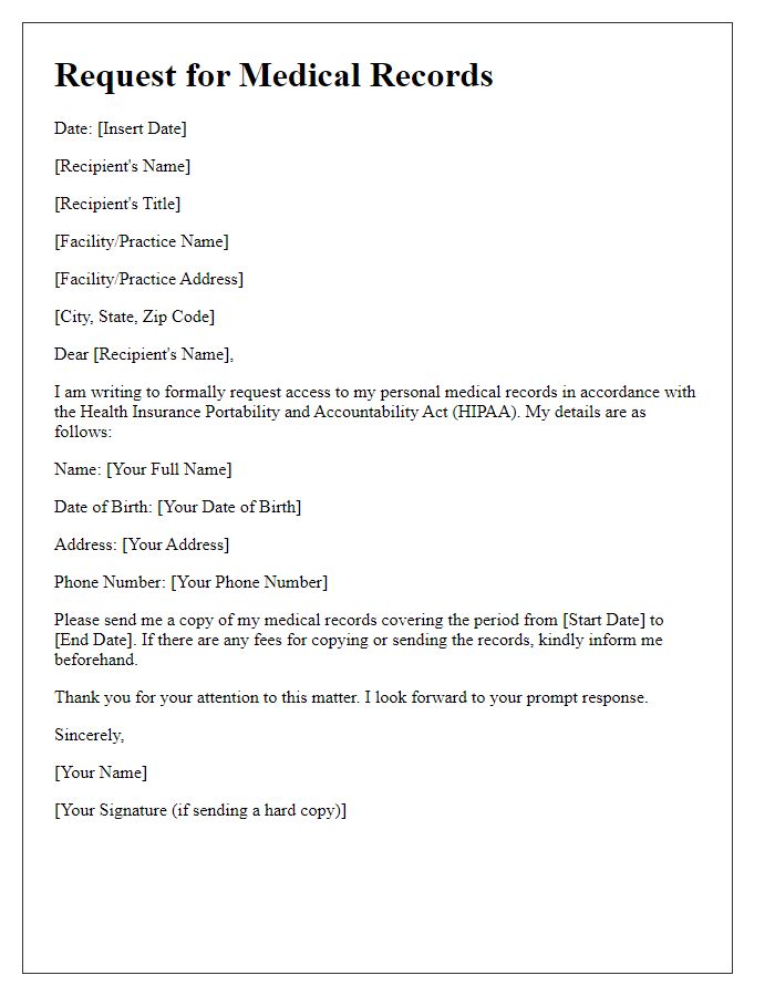 Letter template of request for personal medical records