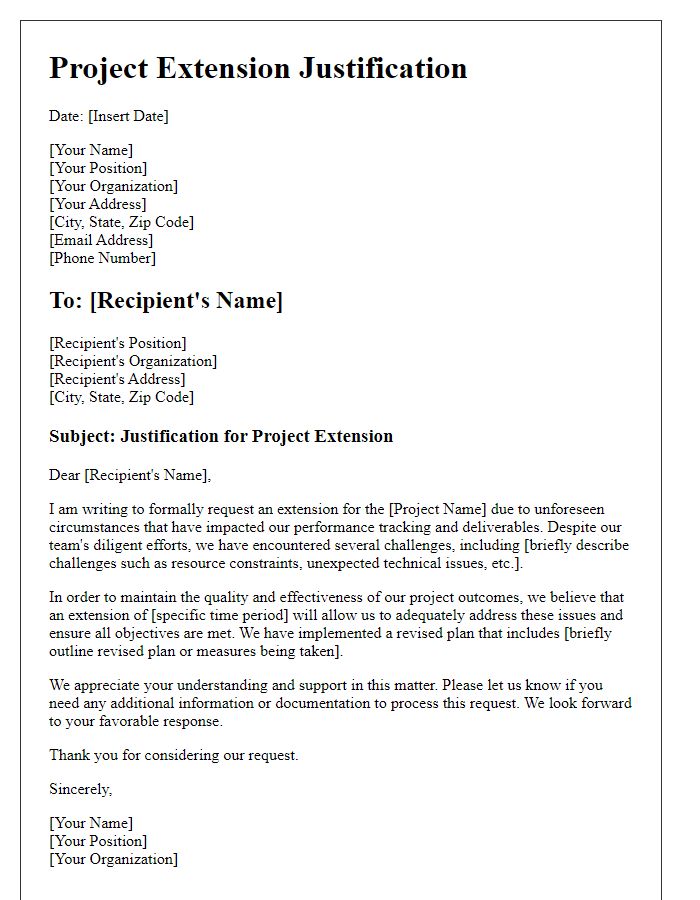 Letter template of project extension justification for performance tracking.