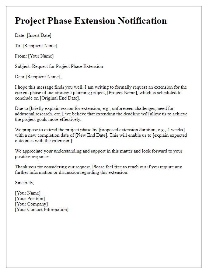 Letter template of project phase extension for strategic planning.