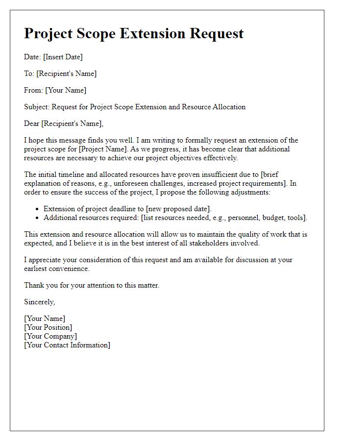 Letter template of project scope extension for resource allocation.