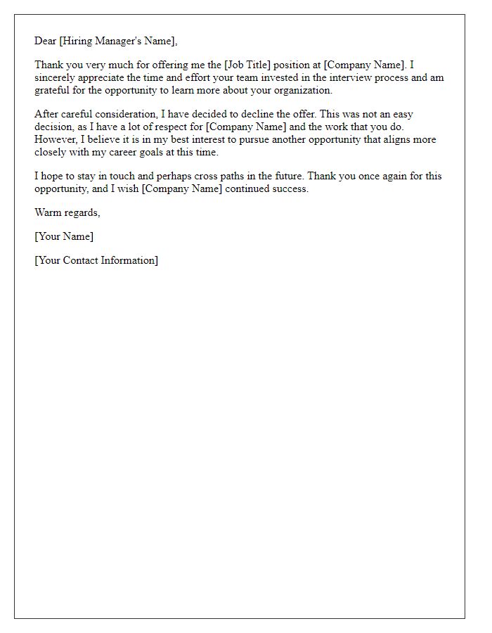 Letter template of politely rejecting a job opportunity