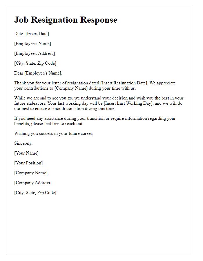 Letter template of responding to a job resignation