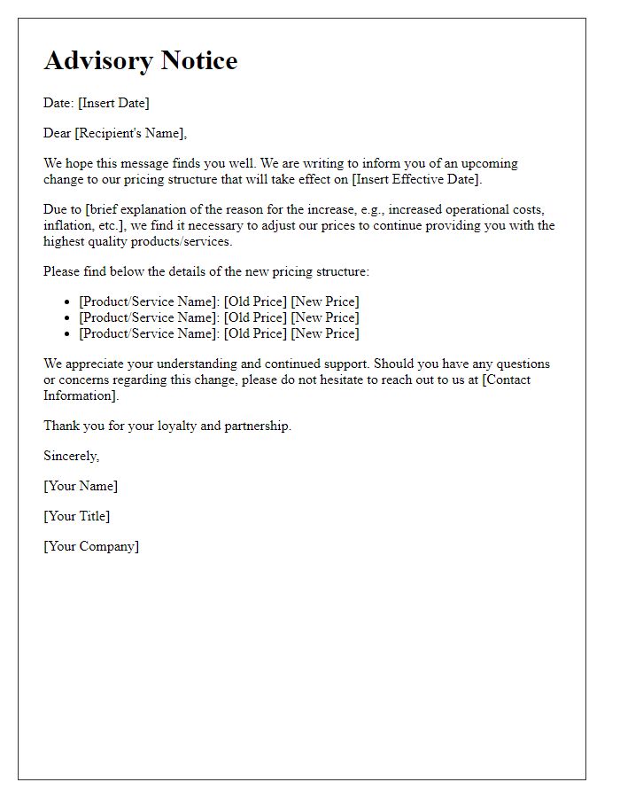 Letter template of advisory for increased pricing structure