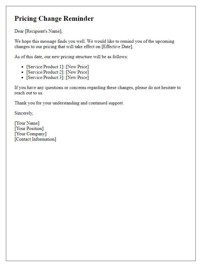 Letter template of reminder for changes in pricing