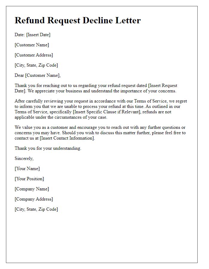 Letter template of Declining Refund Request Based on Terms of Service