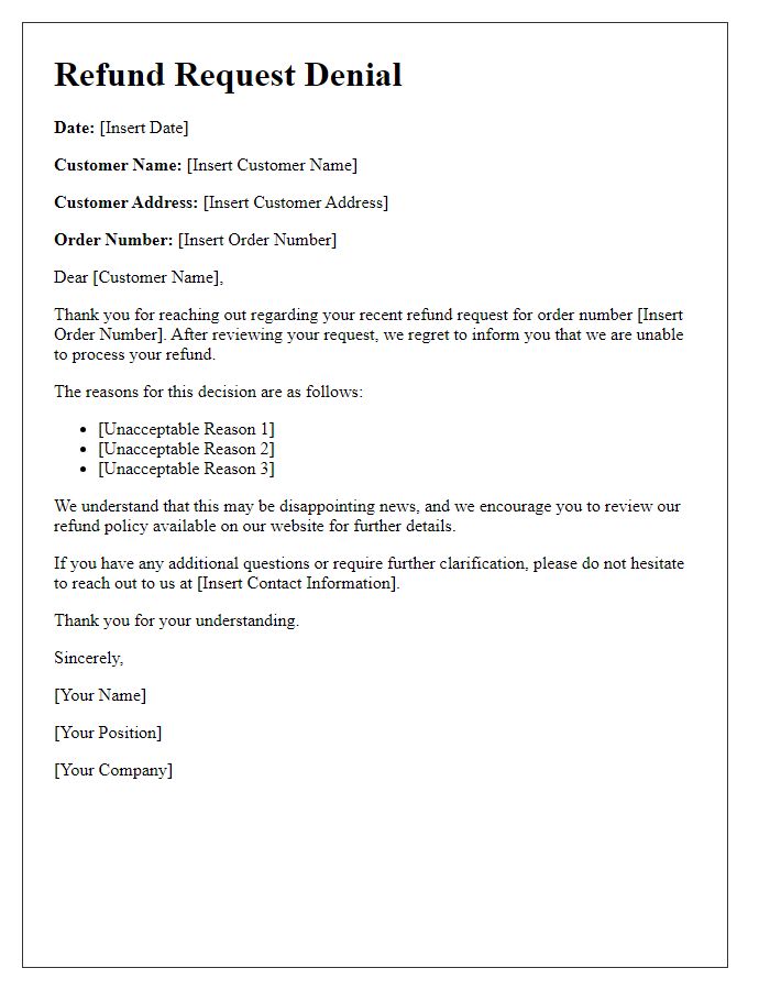 Letter template of Refund Request Denial for Unacceptable Reasons