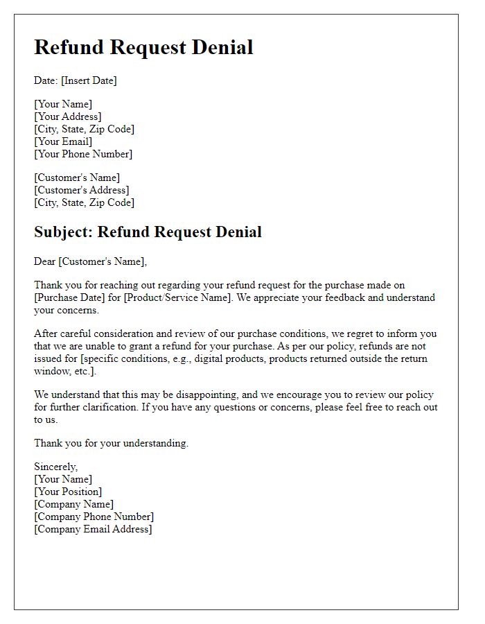 Letter template of Refusal to Grant Refund Based on Purchase Conditions