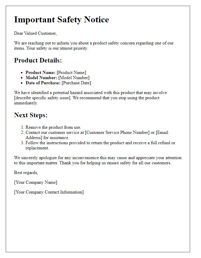 Letter template of customer safety product recall alert