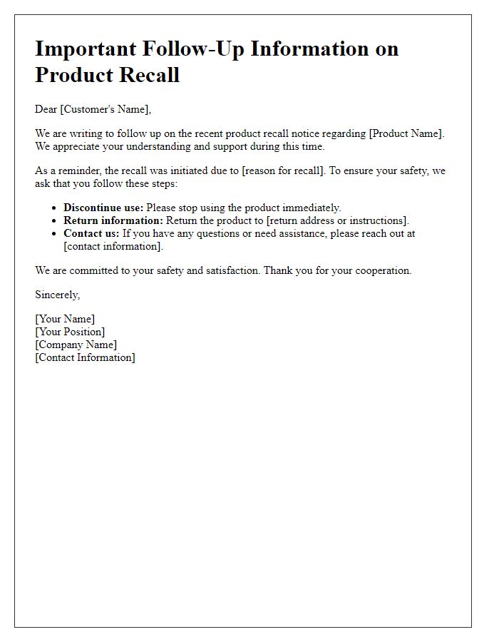 Letter template of follow-up information on product recall