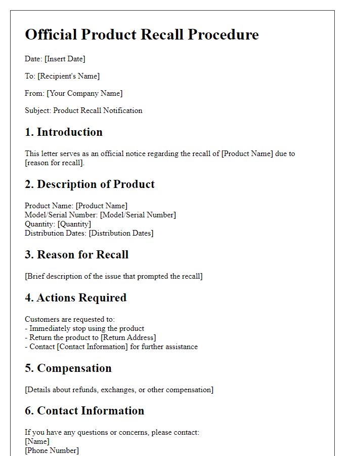 Letter template of official product recall procedure outline