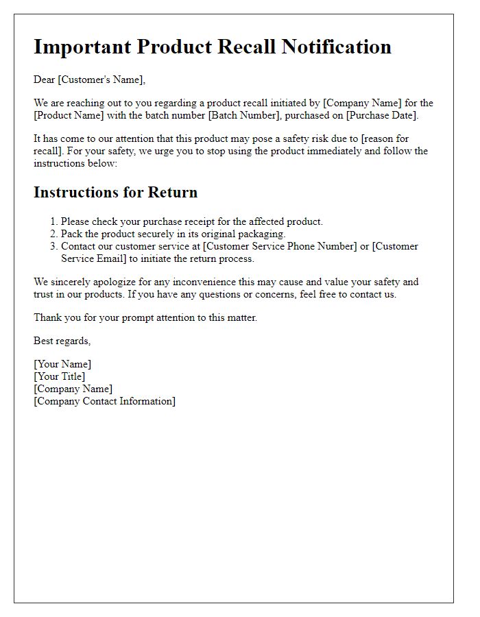 Letter template of product recall notification for affected customers