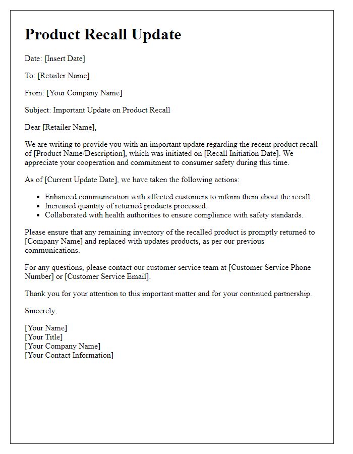 Letter template of product recall update for retailers