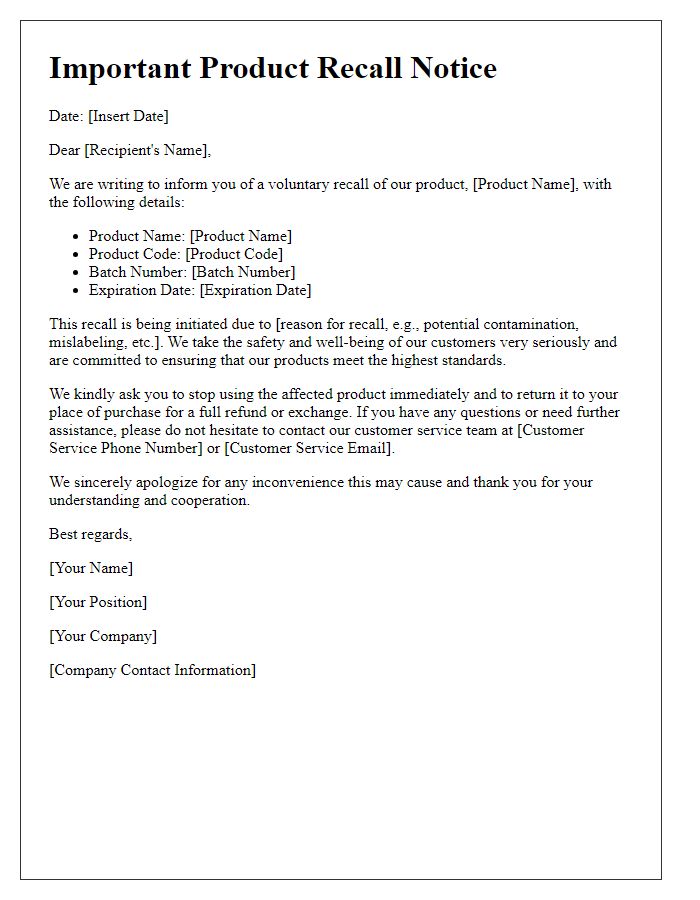 Letter template of voluntary product recall communication