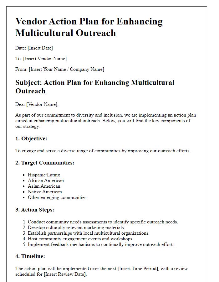 Letter template of vendor action plan for enhancing multicultural outreach.