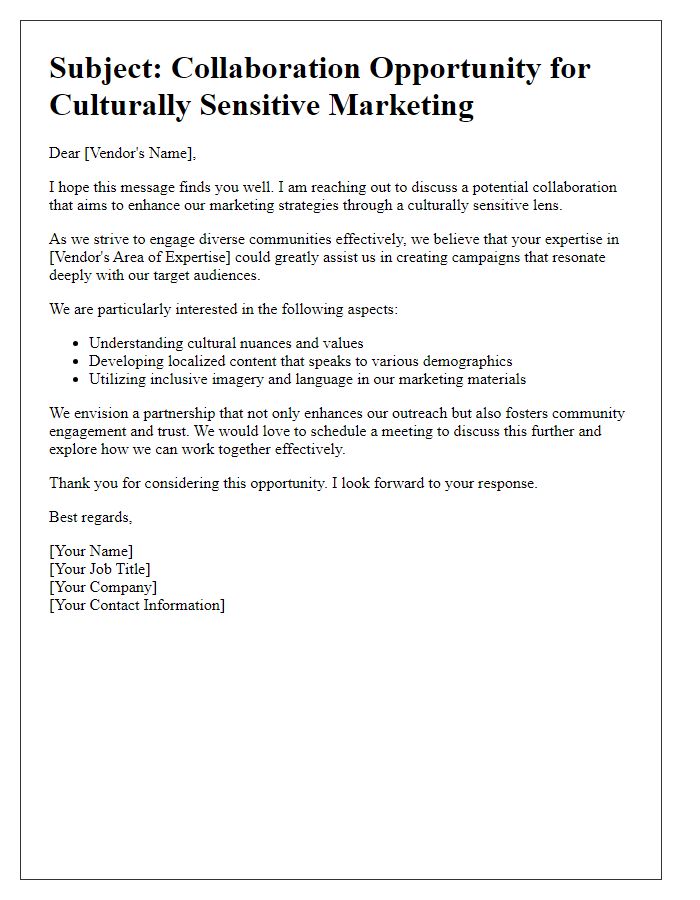 Letter template of vendor approach for culturally sensitive marketing.