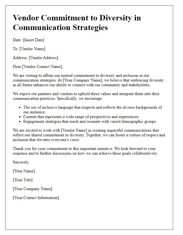 Letter template of vendor commitment to diversity in communication strategies.