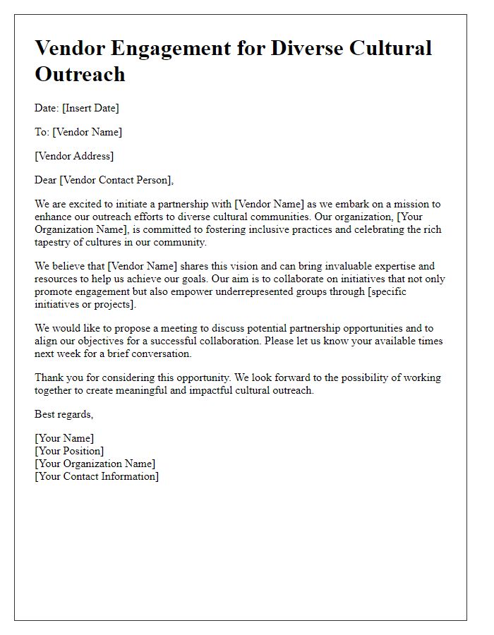 Letter template of vendor engagement for diverse cultural outreach.