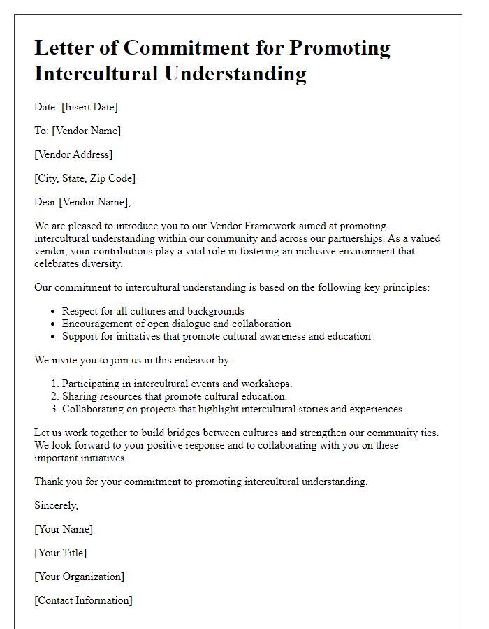 Letter template of vendor framework for promoting intercultural understanding.