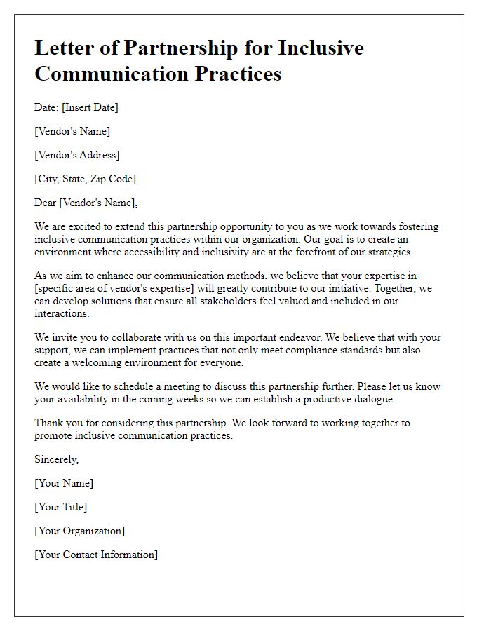 Letter template of vendor partnership for inclusive communication practices.