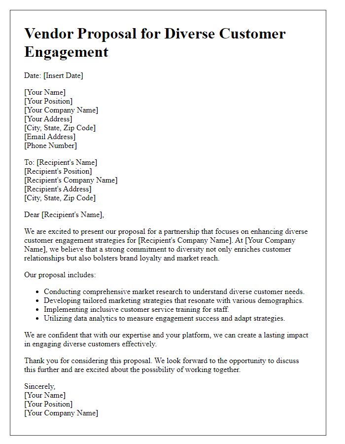 Letter template of vendor proposal for diverse customer engagement.