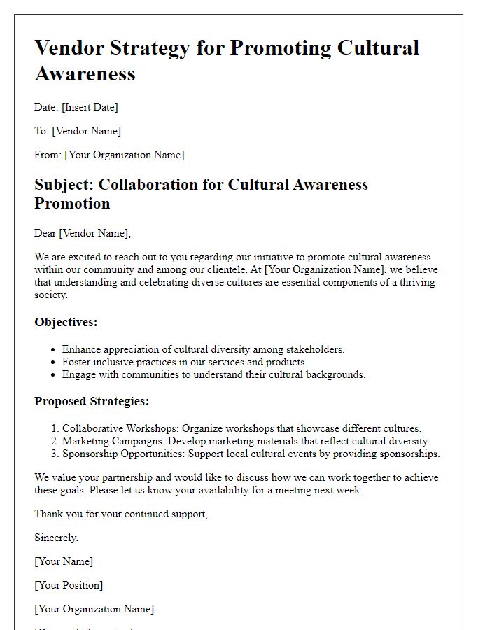 Letter template of vendor strategy for promoting cultural awareness.