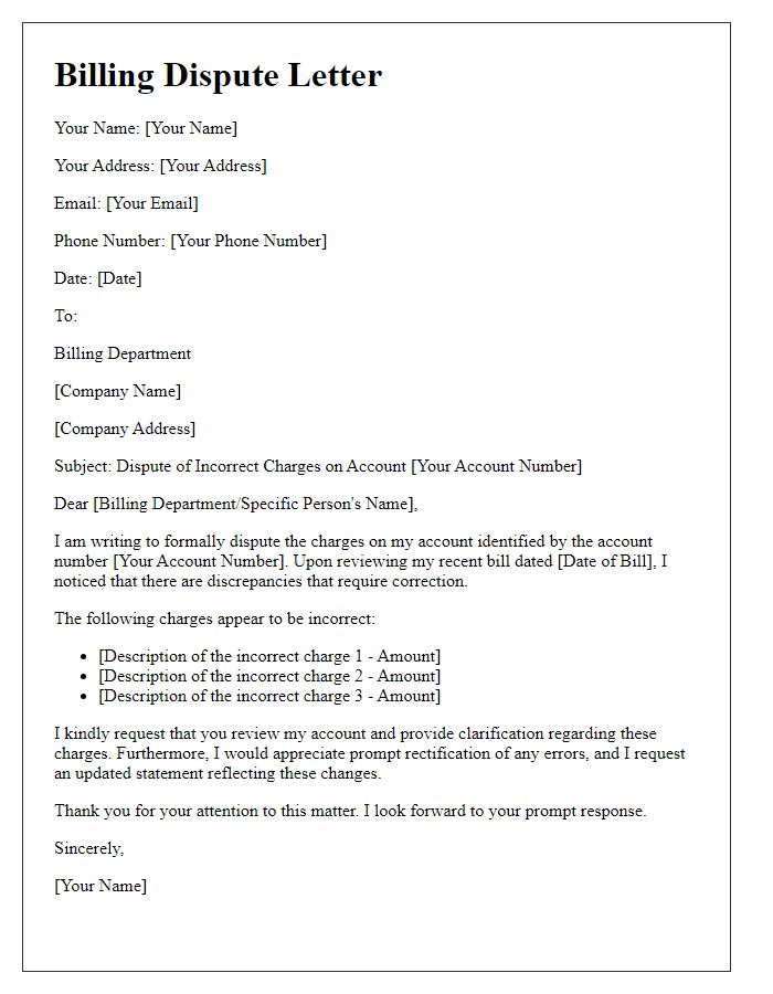 Letter template of billing dispute for incorrect charges.