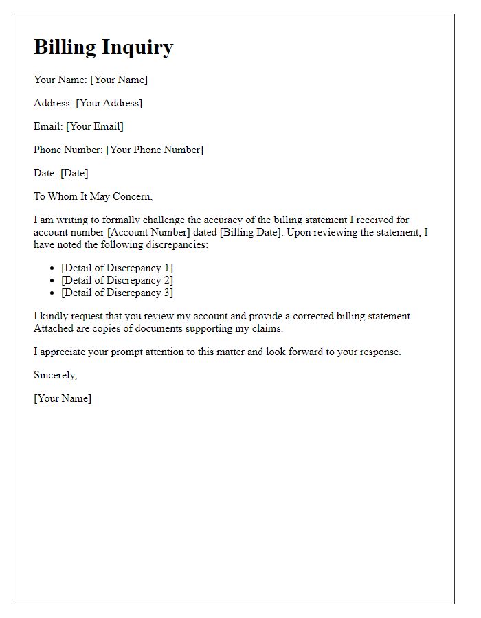 Letter template of challenge for inaccurate billing statement.