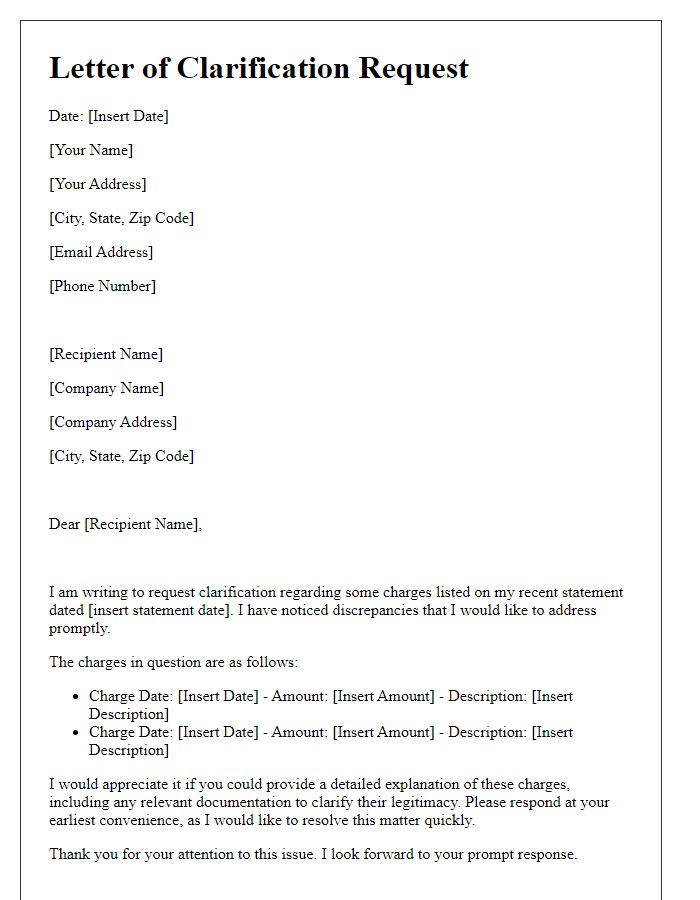 Letter template of clarification request for disputed charges.