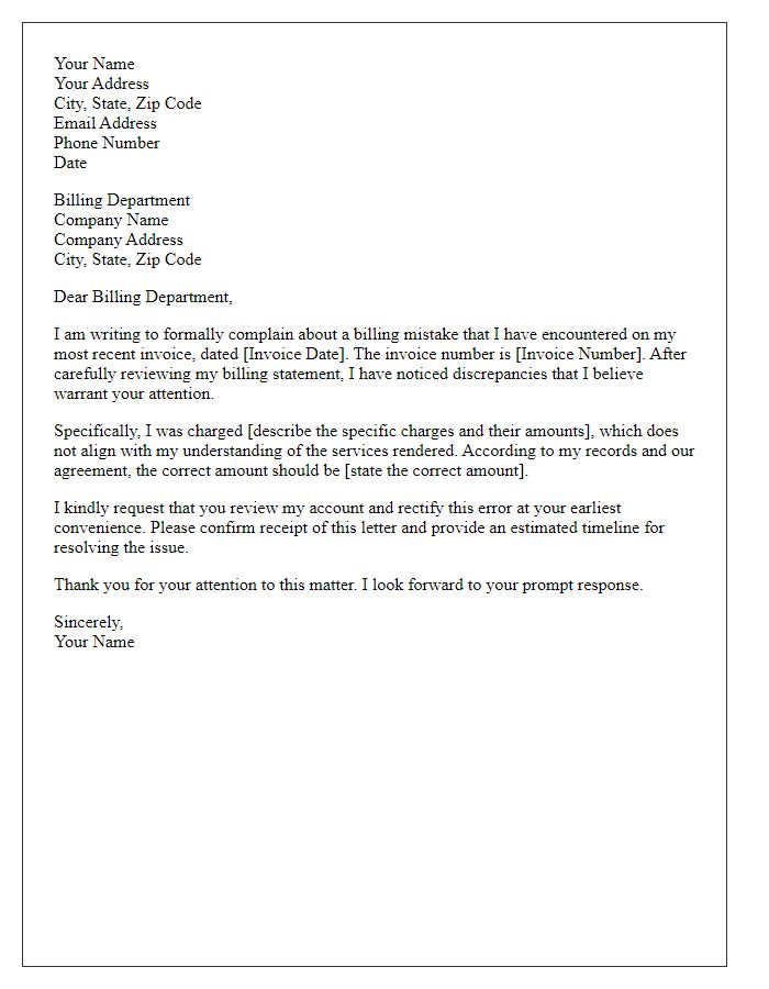 Letter template of formal complaint regarding billing mistake.