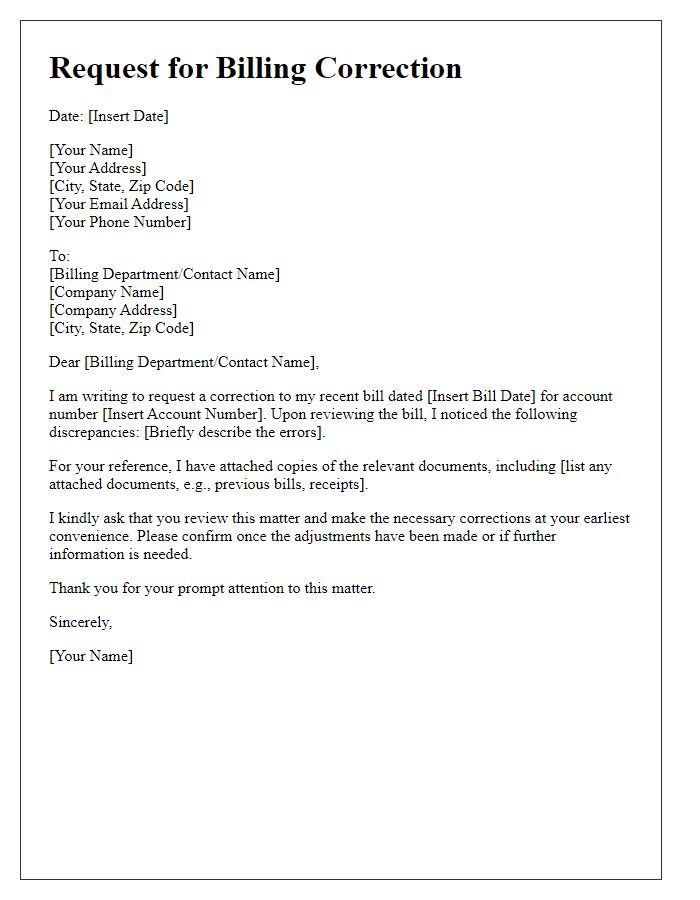 Letter template of request for billing correction.