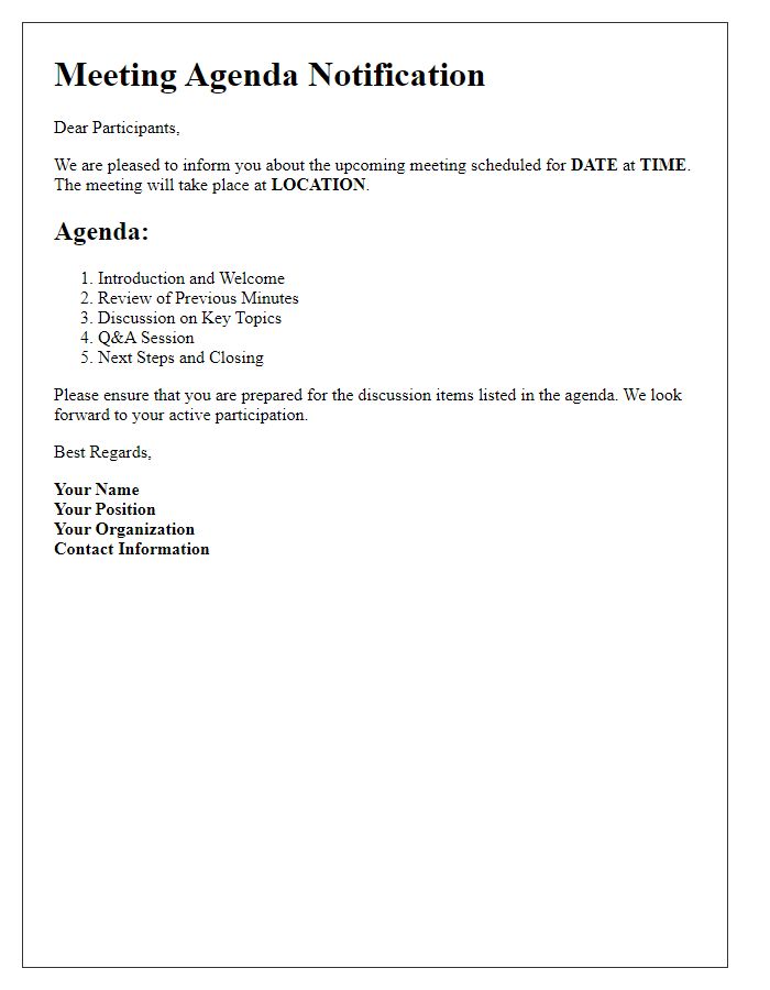 Letter template of notifying participants about a meeting agenda.