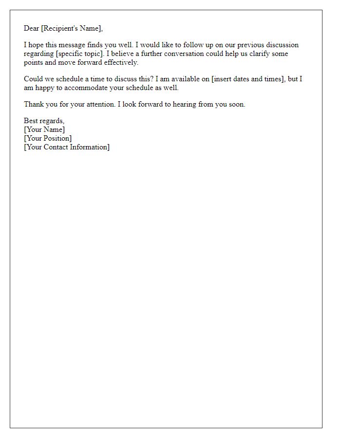 Letter template of scheduling a follow-up discussion.