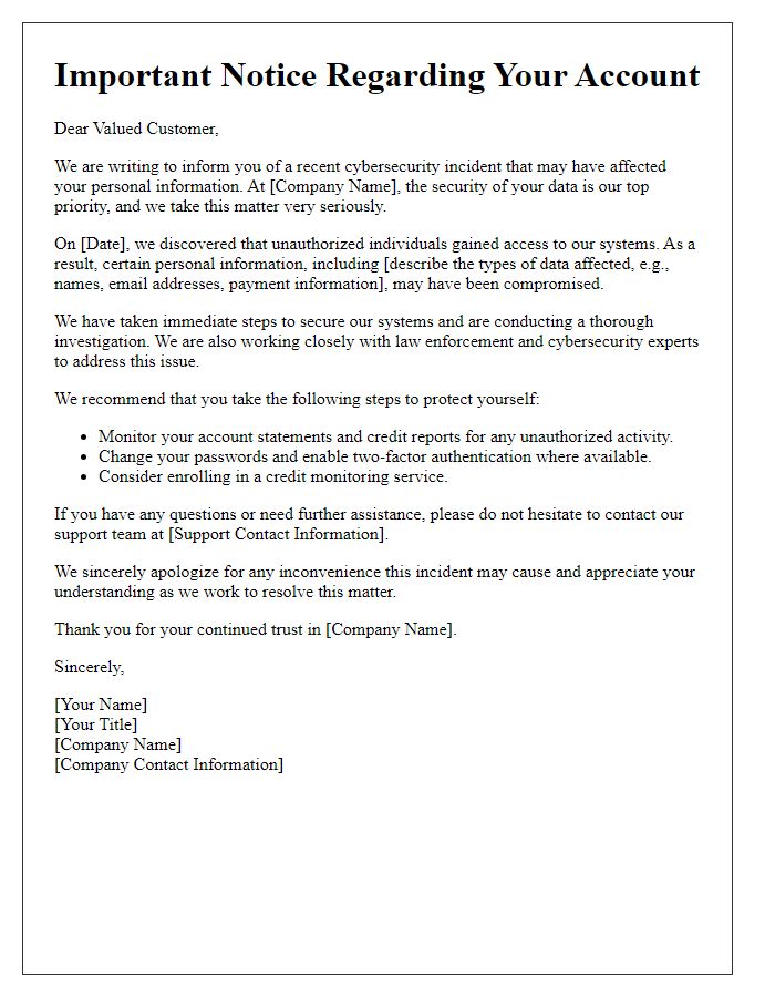 Letter template of cybersecurity breach notice for customers.