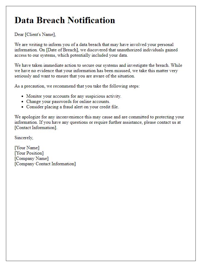 Letter template of data breach notification for clients.