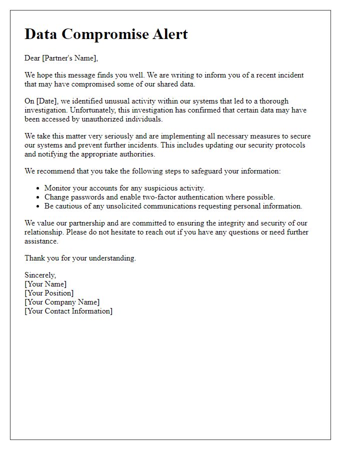 Letter template of data compromise alert for business partners.