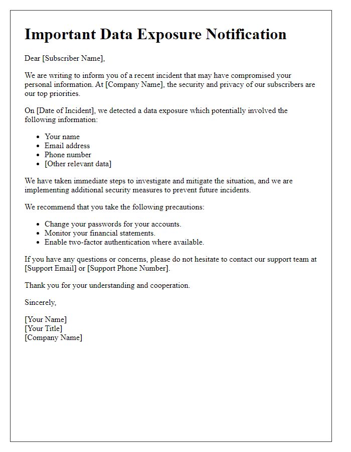 Letter template of data exposure warning for subscribers.