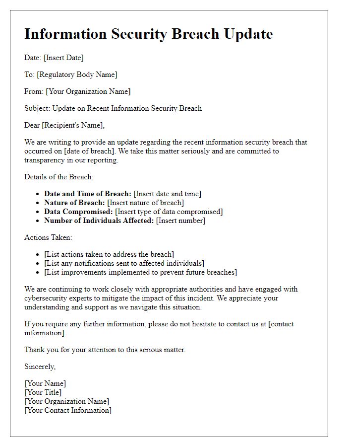 Letter template of information security breach update for regulatory bodies.