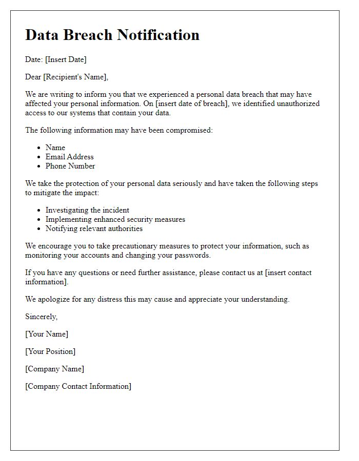 Letter template of personal data breach communication for affected individuals.