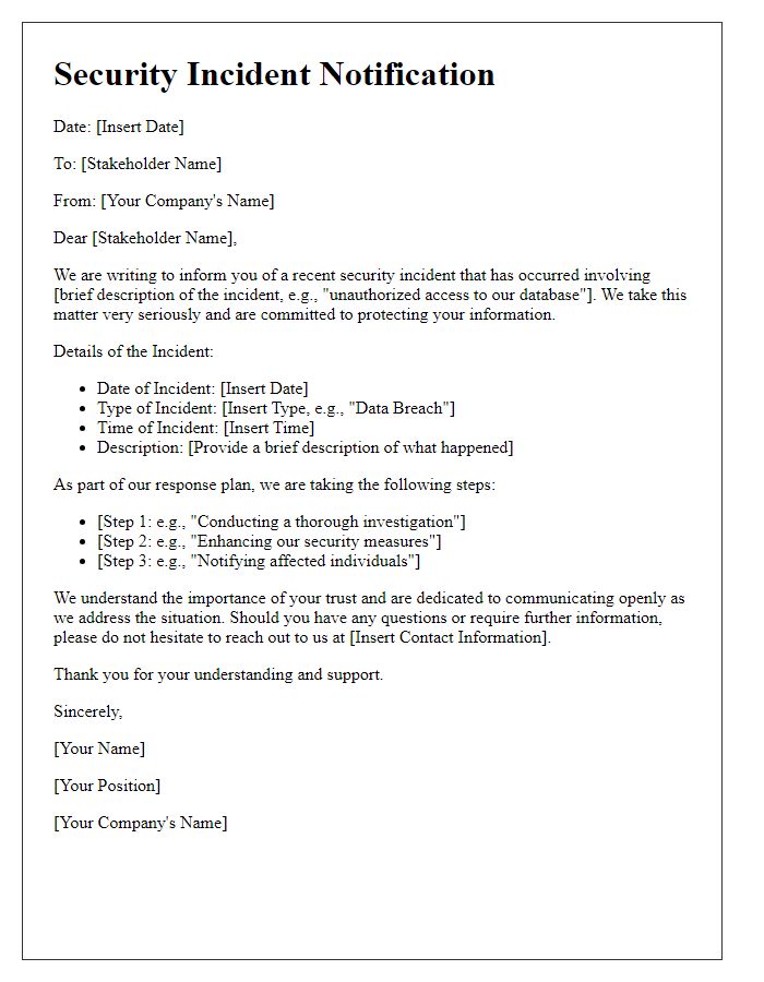 Letter template of security incident notification for stakeholders.