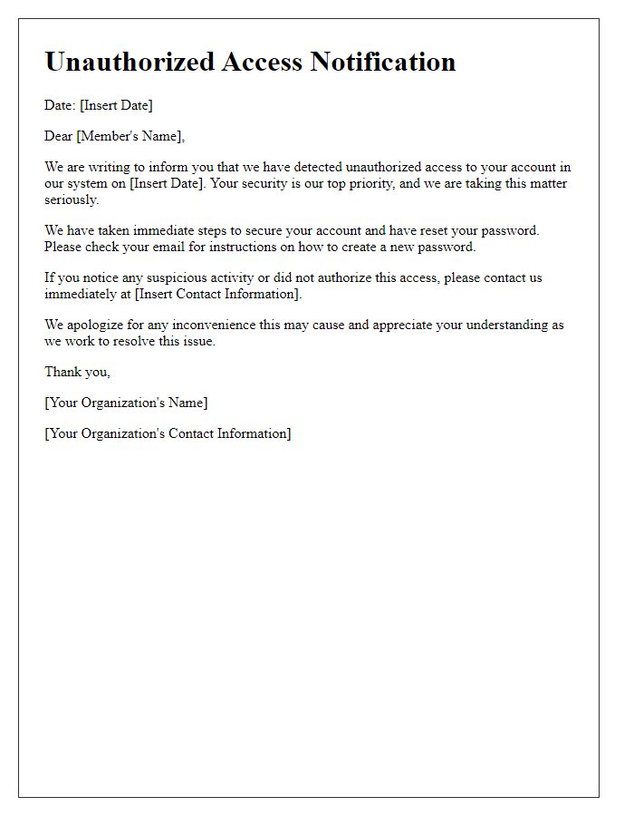 Letter template of unauthorized access notification for members.